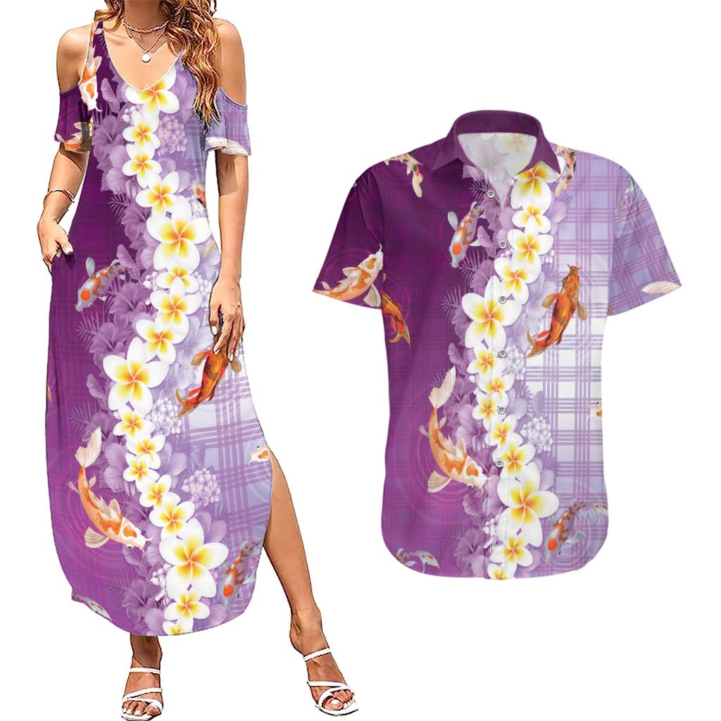 Hawaii And Japan Couples Matching Summer Maxi Dress and Hawaiian Shirt Plumeria Lei With Koi Fish Purple LT05 Purple - Polynesian Pride