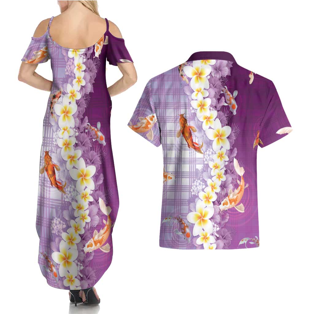 Hawaii And Japan Couples Matching Summer Maxi Dress and Hawaiian Shirt Plumeria Lei With Koi Fish Purple LT05 - Polynesian Pride