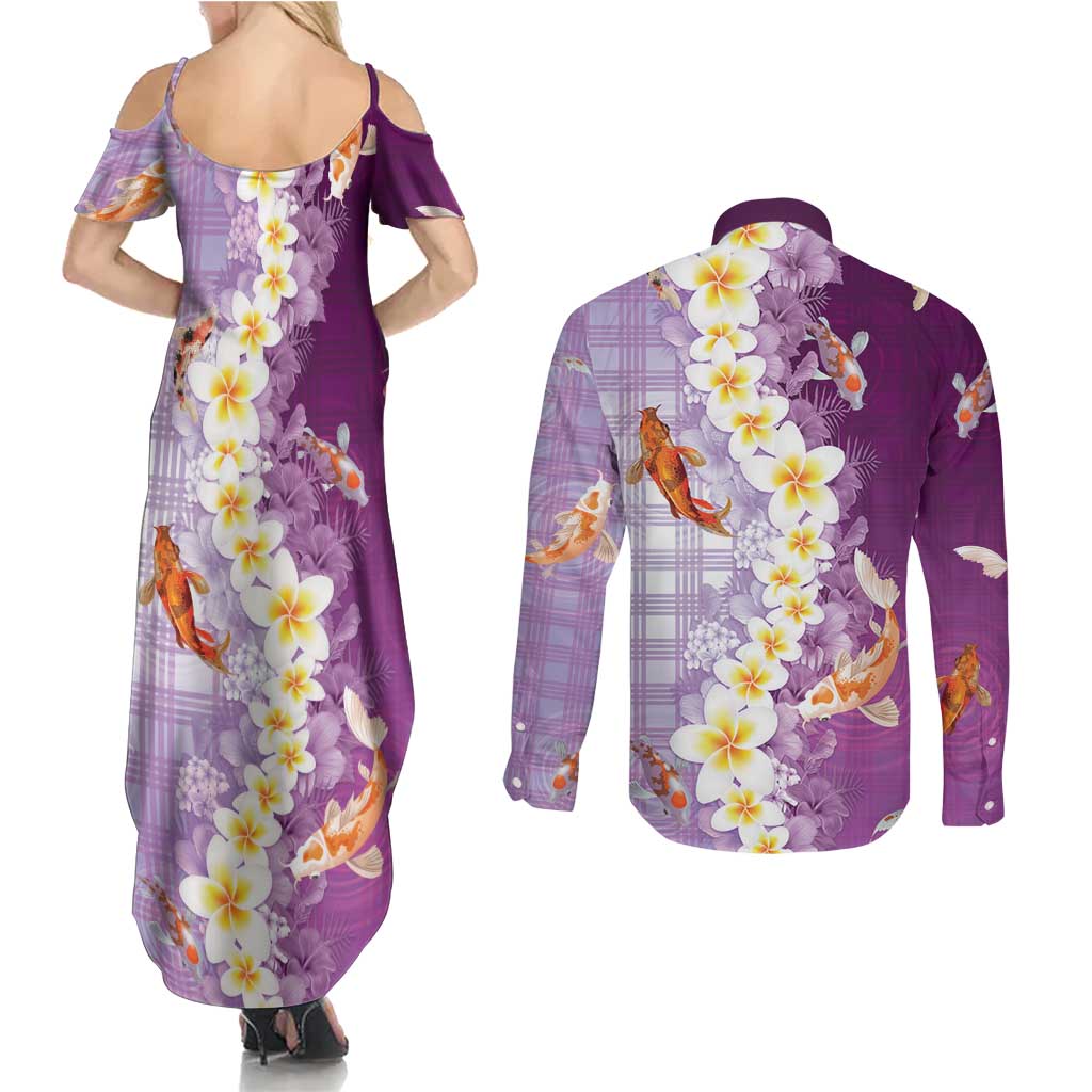 Hawaii And Japan Couples Matching Summer Maxi Dress and Long Sleeve Button Shirt Plumeria Lei With Koi Fish Purple - Polynesian Pride