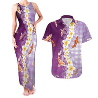 Hawaii And Japan Couples Matching Tank Maxi Dress and Hawaiian Shirt Plumeria Lei With Koi Fish Purple LT05 Purple - Polynesian Pride