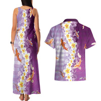 Hawaii And Japan Couples Matching Tank Maxi Dress and Hawaiian Shirt Plumeria Lei With Koi Fish Purple LT05 - Polynesian Pride