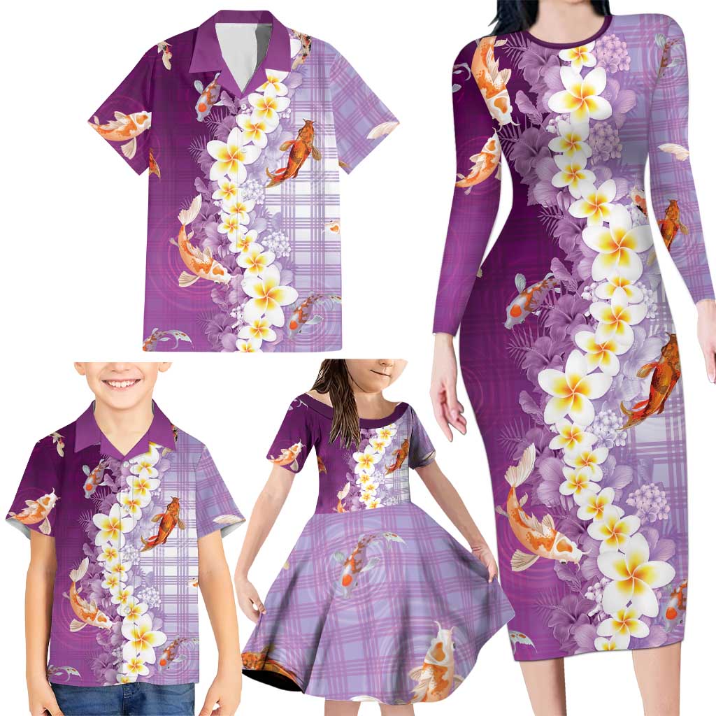 Hawaii And Japan Family Matching Long Sleeve Bodycon Dress and Hawaiian Shirt Plumeria Lei With Koi Fish Purple LT05 - Polynesian Pride