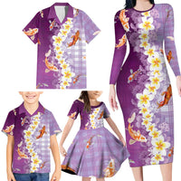 Hawaii And Japan Family Matching Long Sleeve Bodycon Dress and Hawaiian Shirt Plumeria Lei With Koi Fish Purple LT05 - Polynesian Pride