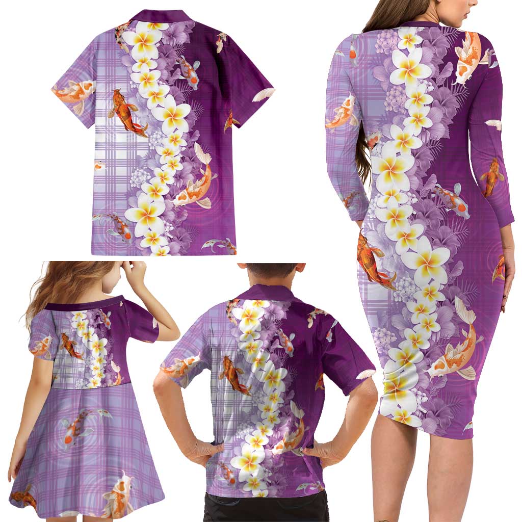 Hawaii And Japan Family Matching Long Sleeve Bodycon Dress and Hawaiian Shirt Plumeria Lei With Koi Fish Purple LT05 - Polynesian Pride