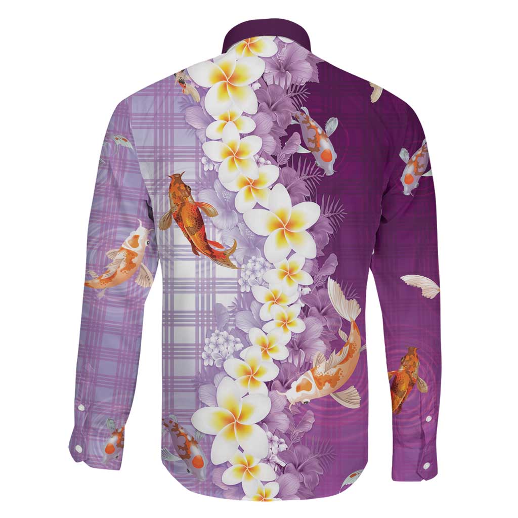Hawaii And Japan Family Matching Long Sleeve Bodycon Dress and Hawaiian Shirt Plumeria Lei With Koi Fish Purple LT05 - Polynesian Pride