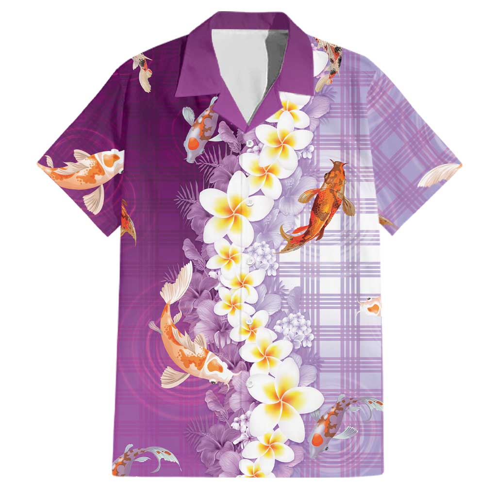 Hawaii And Japan Family Matching Mermaid Dress and Hawaiian Shirt Plumeria Lei With Koi Fish Purple LT05 Dad's Shirt - Short Sleeve Purple - Polynesian Pride