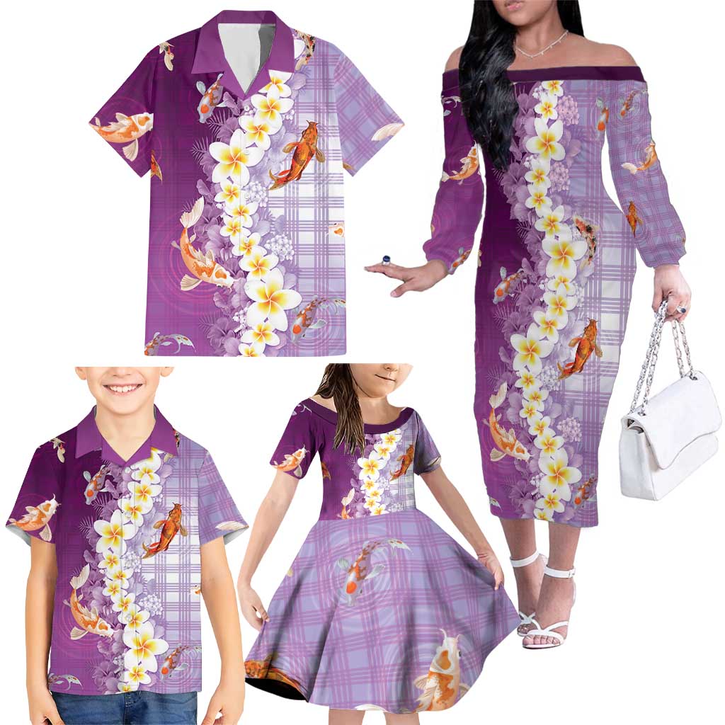 Hawaii And Japan Family Matching Off The Shoulder Long Sleeve Dress and Hawaiian Shirt Plumeria Lei With Koi Fish Purple LT05 - Polynesian Pride