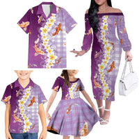 Hawaii And Japan Family Matching Off The Shoulder Long Sleeve Dress and Hawaiian Shirt Plumeria Lei With Koi Fish Purple LT05 - Polynesian Pride