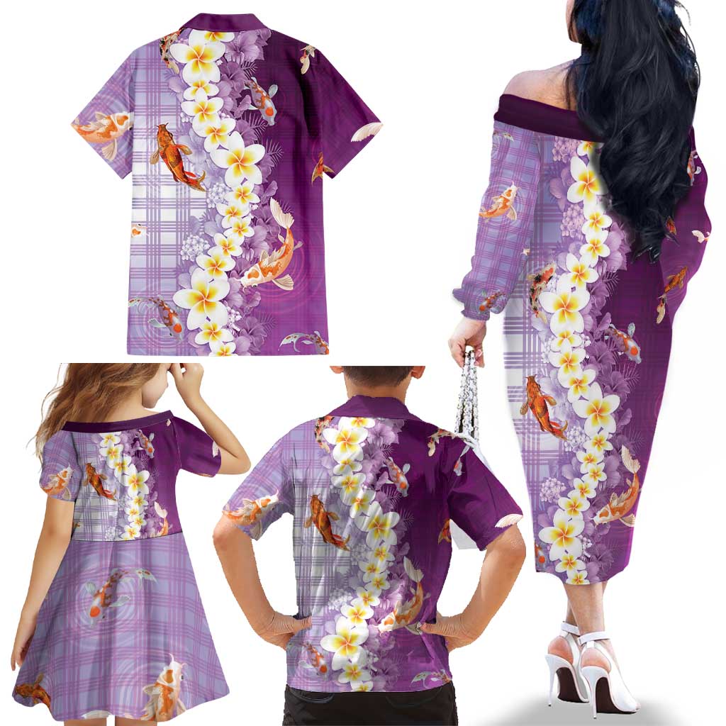Hawaii And Japan Family Matching Off The Shoulder Long Sleeve Dress and Hawaiian Shirt Plumeria Lei With Koi Fish Purple LT05 - Polynesian Pride