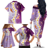 Hawaii And Japan Family Matching Off The Shoulder Long Sleeve Dress and Hawaiian Shirt Plumeria Lei With Koi Fish Purple LT05 - Polynesian Pride