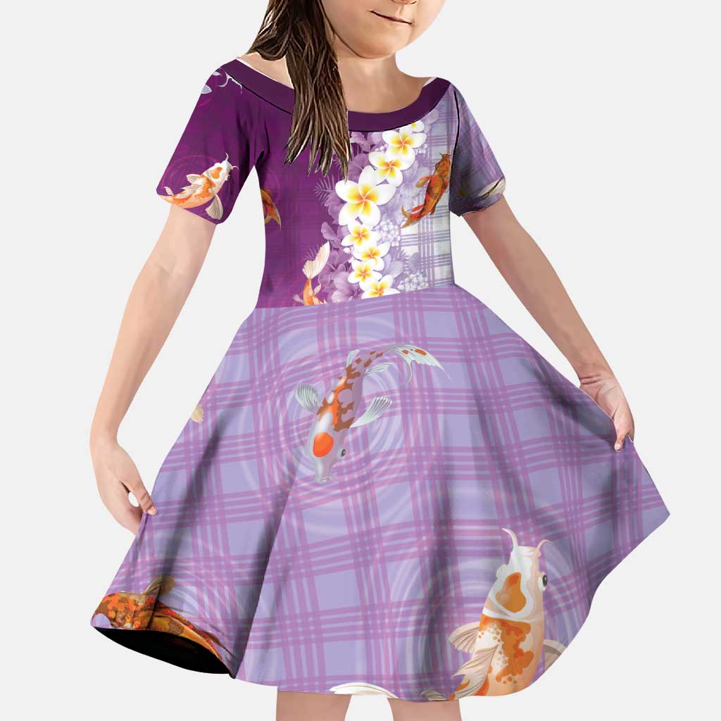 Hawaii And Japan Family Matching Off Shoulder Maxi Dress and Hawaiian Shirt Plumeria Lei With Koi Fish Purple LT05 Daughter's Dress Purple - Polynesian Pride