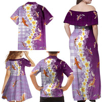 Hawaii And Japan Family Matching Off Shoulder Maxi Dress and Hawaiian Shirt Plumeria Lei With Koi Fish Purple LT05 - Polynesian Pride
