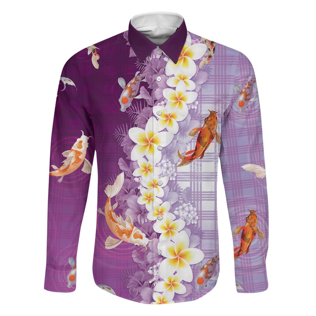 Hawaii And Japan Family Matching Off Shoulder Maxi Dress and Hawaiian Shirt Plumeria Lei With Koi Fish Purple LT05 Dad's Shirt - Long Sleeve Purple - Polynesian Pride