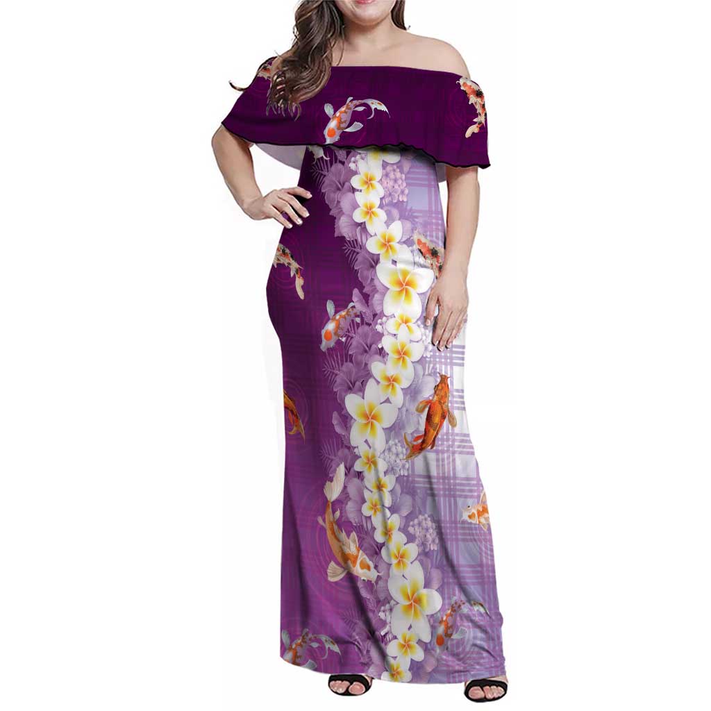 Hawaii And Japan Family Matching Off Shoulder Maxi Dress and Hawaiian Shirt Plumeria Lei With Koi Fish Purple LT05 Mom's Dress Purple - Polynesian Pride
