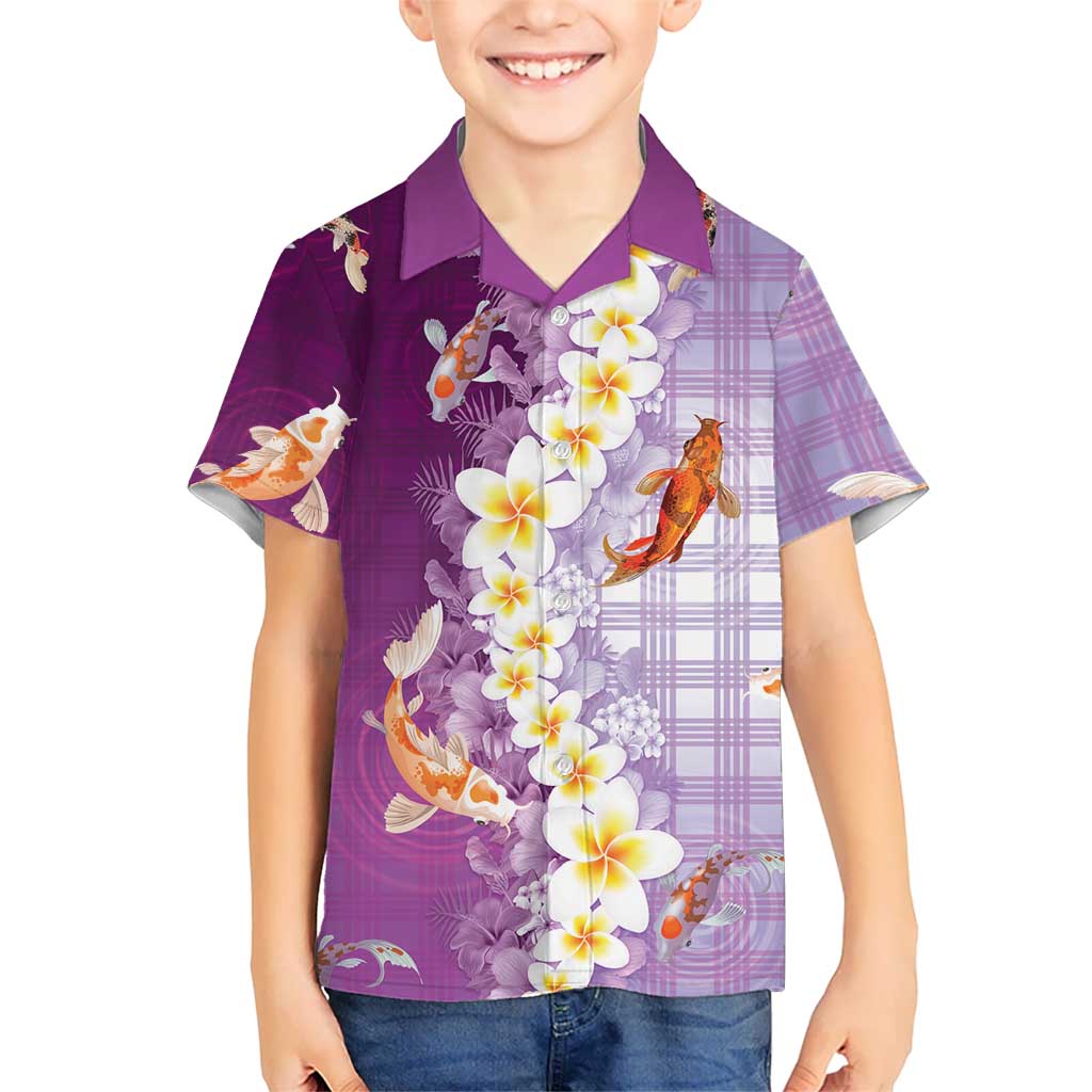 Hawaii And Japan Family Matching Off Shoulder Maxi Dress and Hawaiian Shirt Plumeria Lei With Koi Fish Purple LT05 Son's Shirt Purple - Polynesian Pride