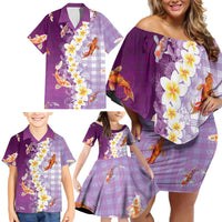 Hawaii And Japan Family Matching Off Shoulder Short Dress and Hawaiian Shirt Plumeria Lei With Koi Fish Purple LT05 - Polynesian Pride