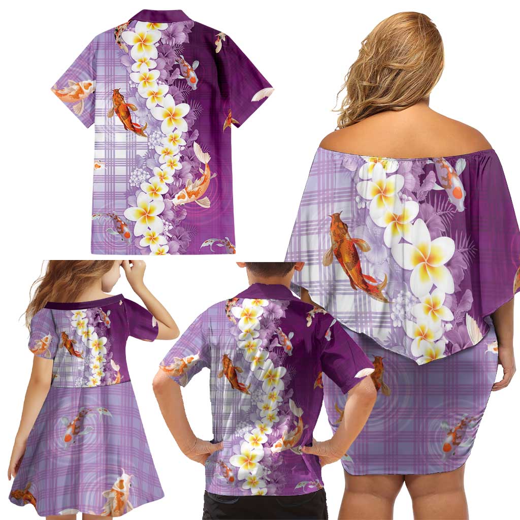 Hawaii And Japan Family Matching Off Shoulder Short Dress and Hawaiian Shirt Plumeria Lei With Koi Fish Purple LT05 - Polynesian Pride