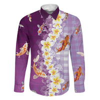 Hawaii And Japan Family Matching Off Shoulder Short Dress and Hawaiian Shirt Plumeria Lei With Koi Fish Purple LT05 Dad's Shirt - Long Sleeve Purple - Polynesian Pride
