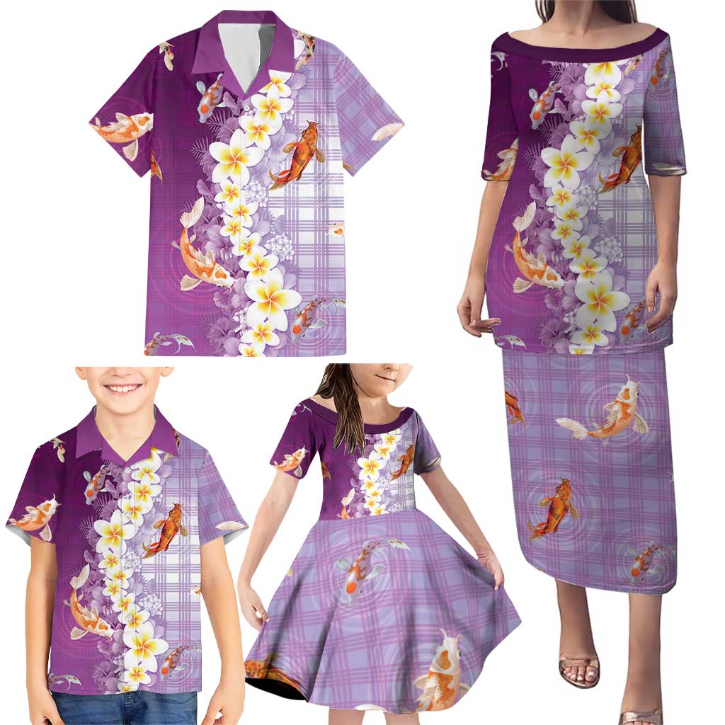 Hawaii And Japan Family Matching Puletasi and Hawaiian Shirt Plumeria Lei With Koi Fish Purple LT05 - Polynesian Pride