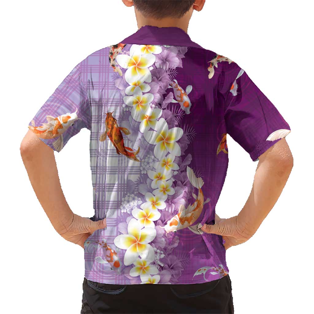 Hawaii And Japan Family Matching Summer Maxi Dress and Hawaiian Shirt Plumeria Lei With Koi Fish Purple LT05 - Polynesian Pride