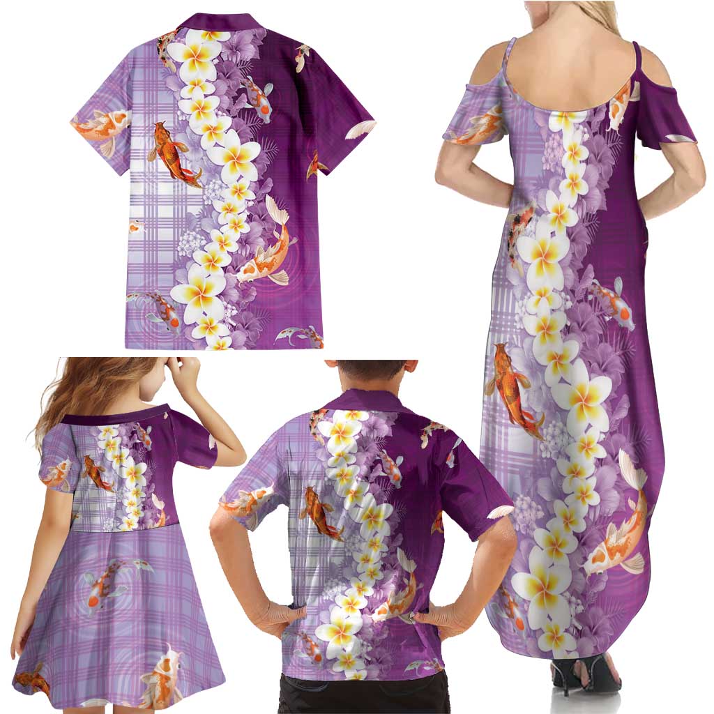 Hawaii And Japan Family Matching Summer Maxi Dress and Hawaiian Shirt Plumeria Lei With Koi Fish Purple LT05 - Polynesian Pride