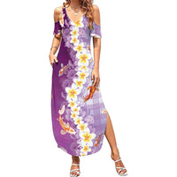 Hawaii And Japan Family Matching Summer Maxi Dress and Hawaiian Shirt Plumeria Lei With Koi Fish Purple LT05 Mom's Dress Purple - Polynesian Pride