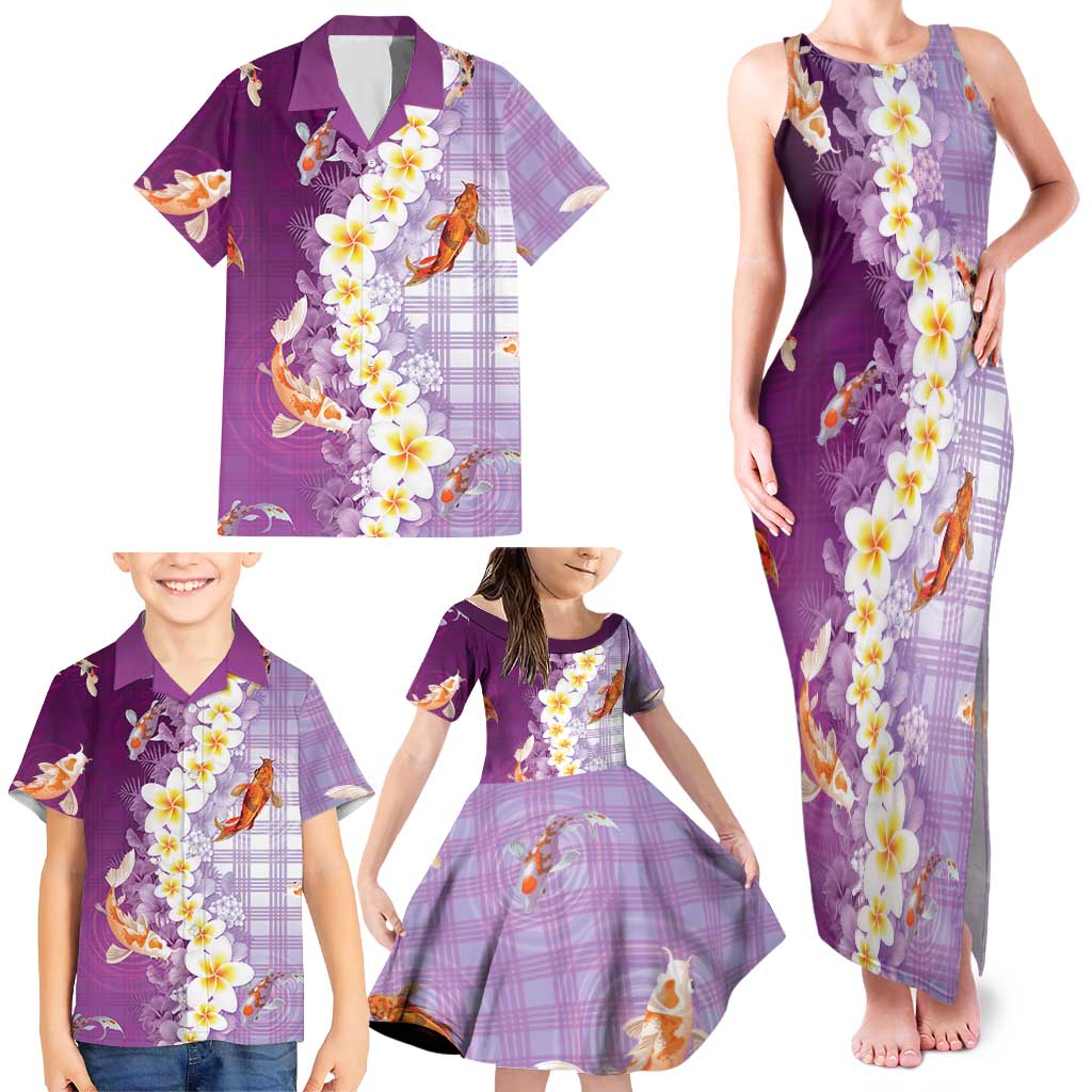 Hawaii And Japan Family Matching Tank Maxi Dress and Hawaiian Shirt Plumeria Lei With Koi Fish Purple LT05 - Polynesian Pride