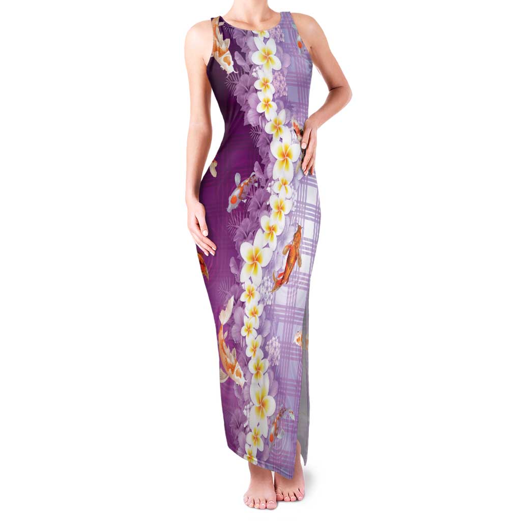Hawaii And Japan Family Matching Tank Maxi Dress and Hawaiian Shirt Plumeria Lei With Koi Fish Purple LT05 Mom's Dress Purple - Polynesian Pride