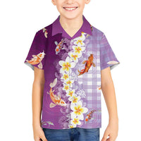 Hawaii And Japan Family Matching Tank Maxi Dress and Hawaiian Shirt Plumeria Lei With Koi Fish Purple LT05 Son's Shirt Purple - Polynesian Pride