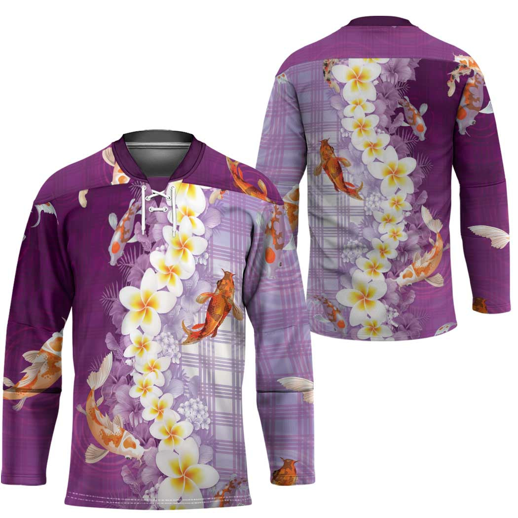 Hawaii And Japan Hockey Jersey Plumeria Lei With Koi Fish Purple - Polynesian Pride