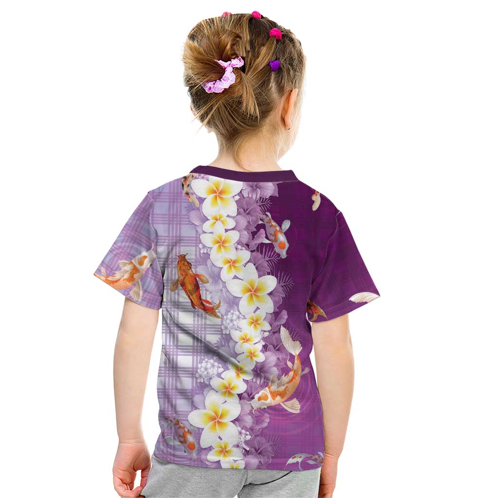 Hawaii And Japan Kid T Shirt Plumeria Lei With Koi Fish Purple - Polynesian Pride