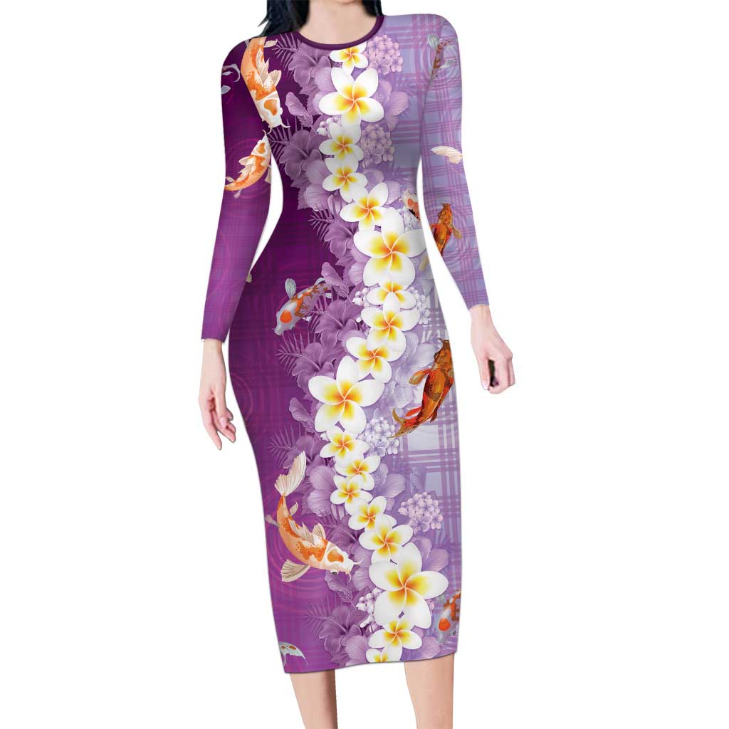 Hawaii And Japan Long Sleeve Bodycon Dress Plumeria Lei With Koi Fish Purple - Polynesian Pride