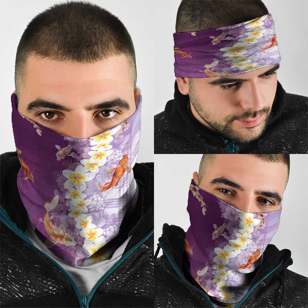 Hawaii And Japan Neck Gaiter Plumeria Lei With Koi Fish Purple - Polynesian Pride