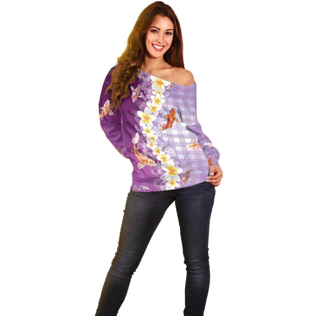Hawaii And Japan Off Shoulder Sweater Plumeria Lei With Koi Fish Purple - Polynesian Pride