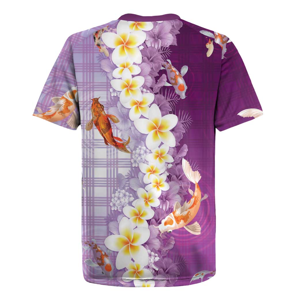 Hawaii And Japan Rugby Jersey Plumeria Lei With Koi Fish Purple LT05 - Polynesian Pride