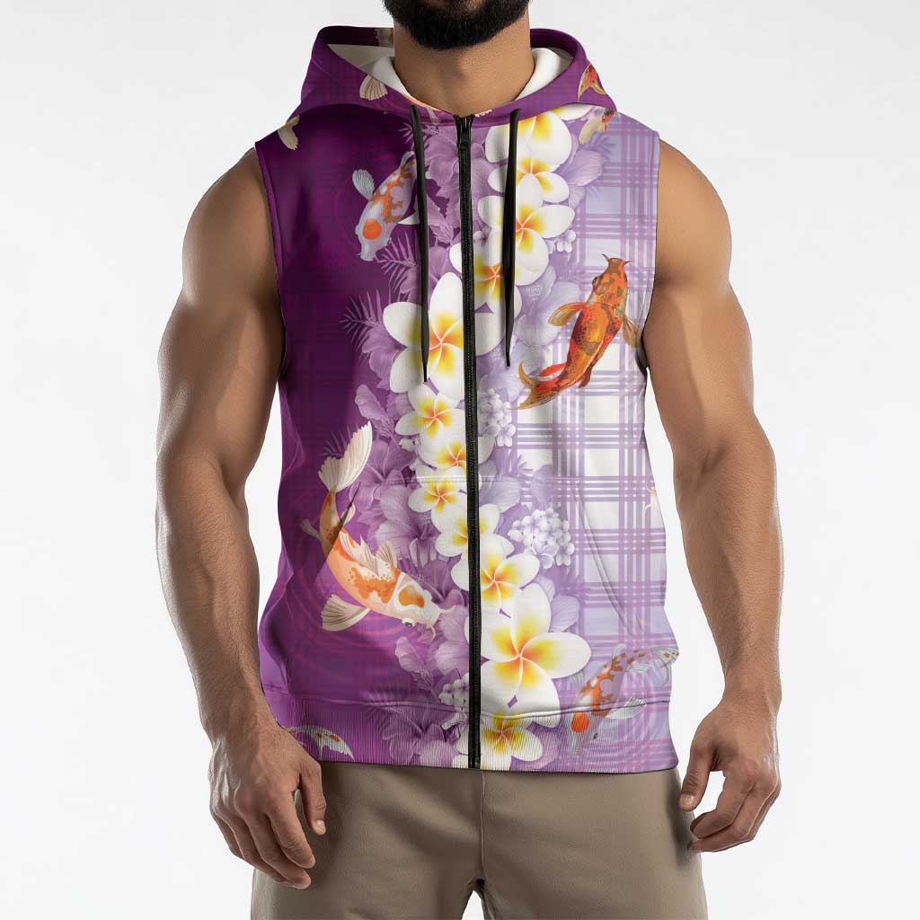 Hawaii And Japan Sleeveless Zip Hoodie Plumeria Lei With Koi Fish Purple - Polynesian Pride