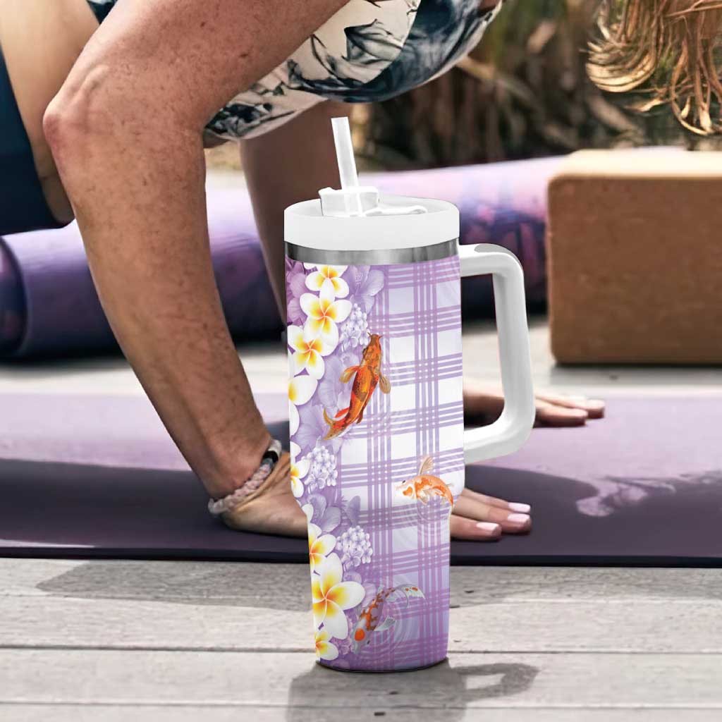 Hawaii And Japan Tumbler With Handle Plumeria Lei With Koi Fish Purple - Polynesian Pride