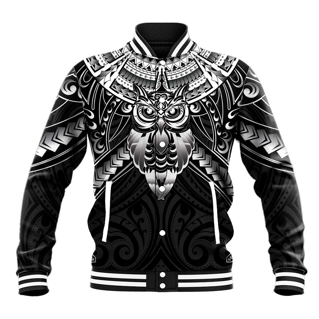 New Zealand Morepork Baseball Jacket Maori Pattern Black