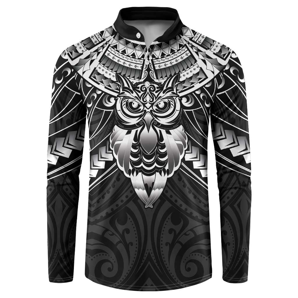 New Zealand Morepork Button Sweatshirt Maori Pattern Black LT05 Black - Polynesian Pride