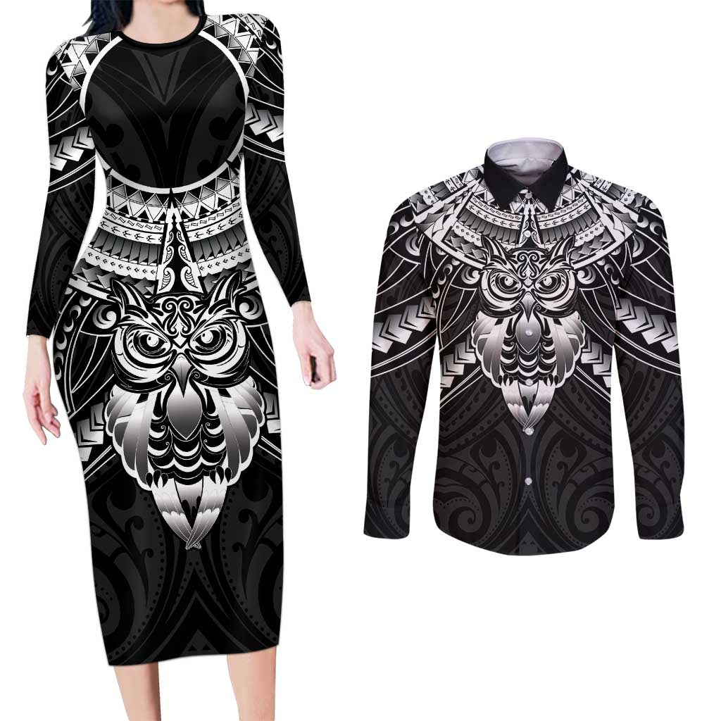 New Zealand Morepork Couples Matching Long Sleeve Bodycon Dress and Long Sleeve Button Shirt Maori Pattern Black