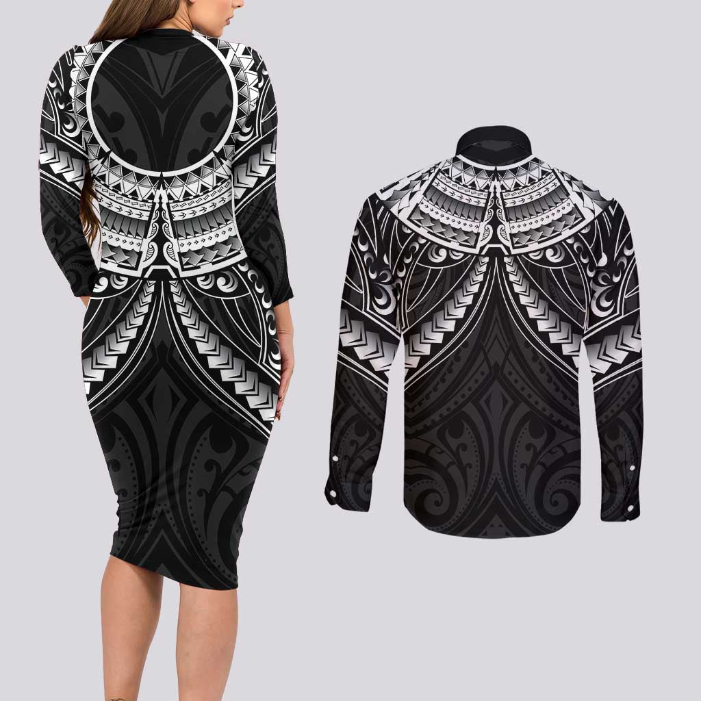 New Zealand Morepork Couples Matching Long Sleeve Bodycon Dress and Long Sleeve Button Shirt Maori Pattern Black