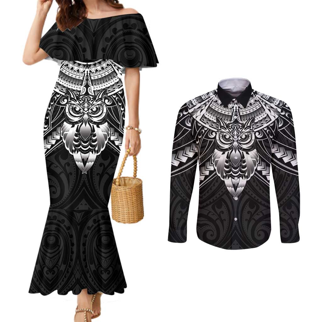 New Zealand Morepork Couples Matching Mermaid Dress and Long Sleeve Button Shirt Maori Pattern Black LT05 Black - Polynesian Pride