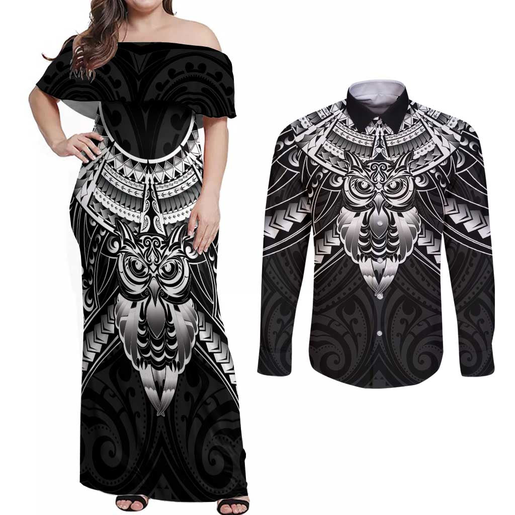 New Zealand Morepork Couples Matching Off Shoulder Maxi Dress and Long Sleeve Button Shirt Maori Pattern Black