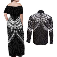 New Zealand Morepork Couples Matching Off Shoulder Maxi Dress and Long Sleeve Button Shirt Maori Pattern Black