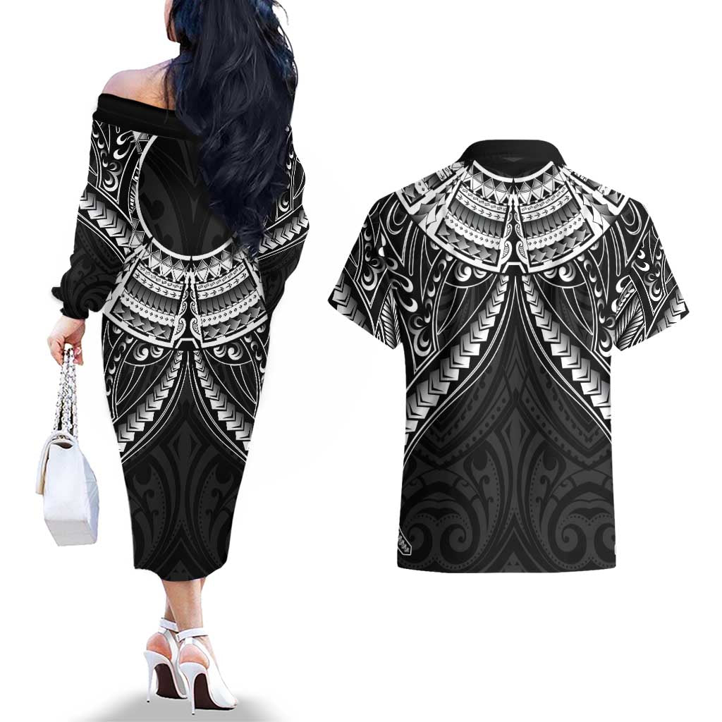 New Zealand Morepork Couples Matching Off The Shoulder Long Sleeve Dress and Hawaiian Shirt Maori Pattern Black
