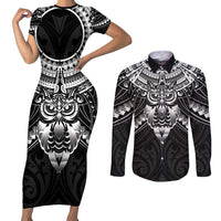 New Zealand Morepork Couples Matching Short Sleeve Bodycon Dress and Long Sleeve Button Shirt Maori Pattern Black