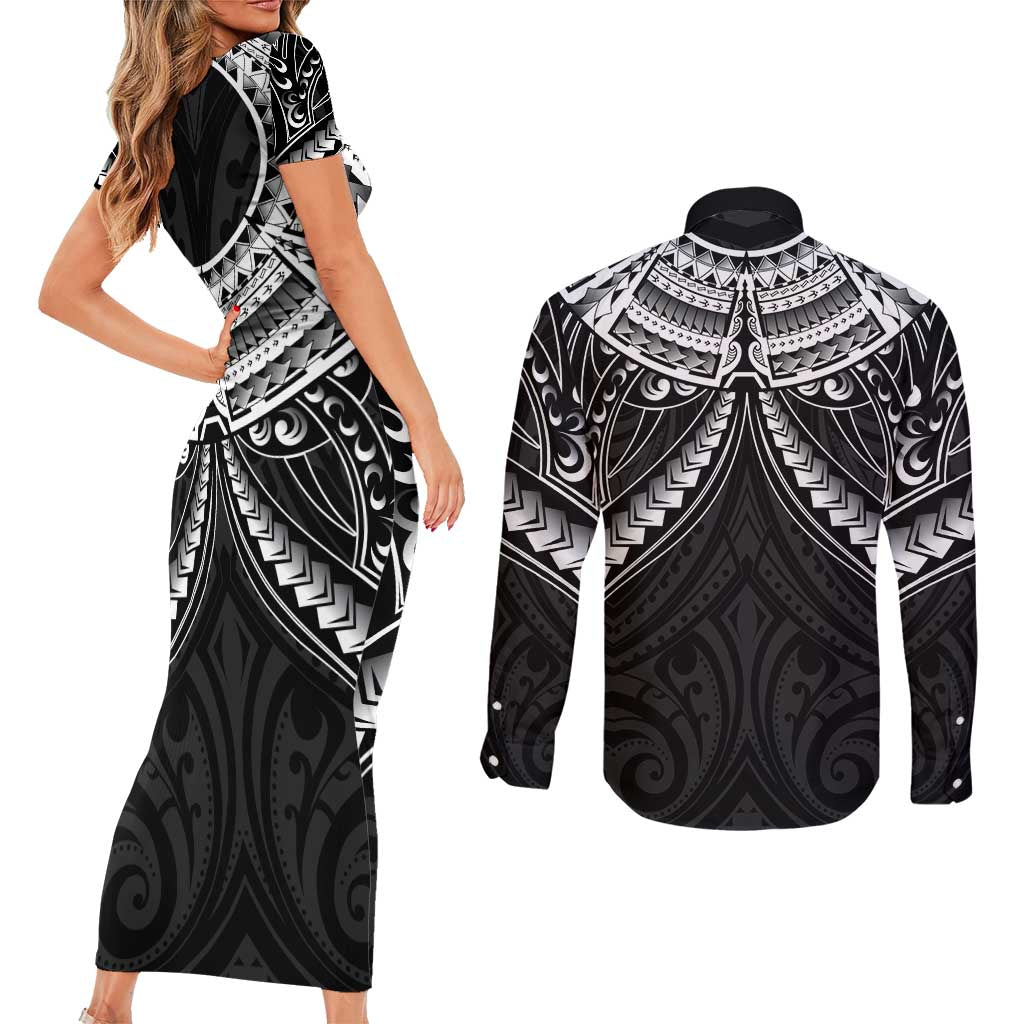 New Zealand Morepork Couples Matching Short Sleeve Bodycon Dress and Long Sleeve Button Shirt Maori Pattern Black