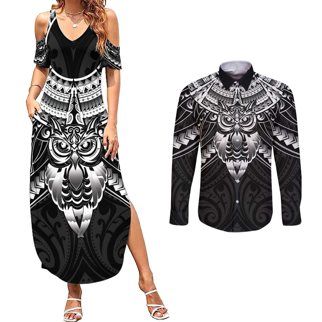 New Zealand Morepork Couples Matching Summer Maxi Dress and Long Sleeve Button Shirt Maori Pattern Black LT05 Black - Polynesian Pride