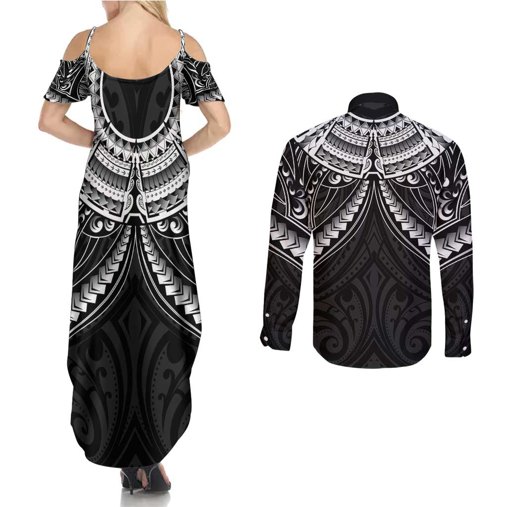 New Zealand Morepork Couples Matching Summer Maxi Dress and Long Sleeve Button Shirt Maori Pattern Black