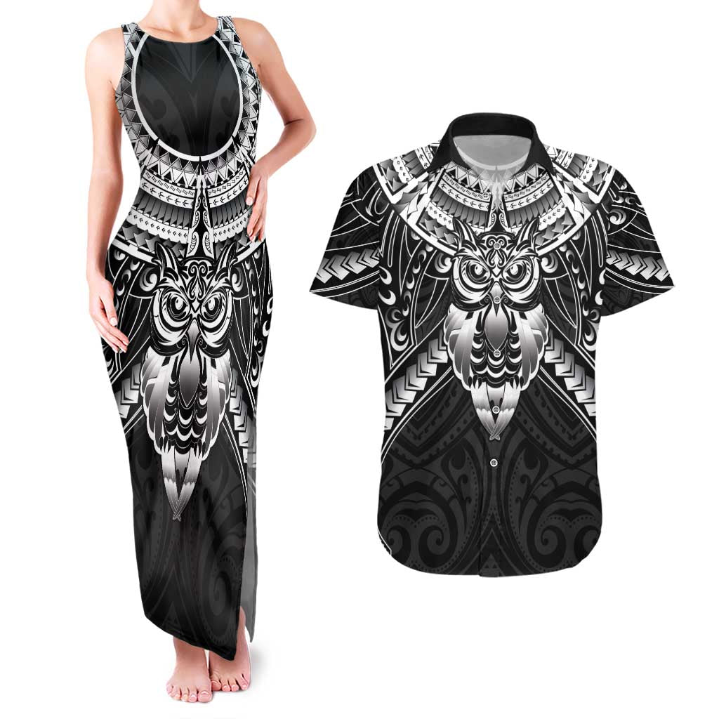 New Zealand Morepork Couples Matching Tank Maxi Dress and Hawaiian Shirt Maori Pattern Black LT05 Black - Polynesian Pride